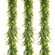 Resim 3'lü paket Yapay Okaliptüs Sarmaşıklar Sarı Çiçeklerle - Sahte Okaliptüs Çelenk Yaprak Asılı Bitkiler Düğün, Nişan Dekorasyonu İçin, Plastik Çiçek Yeşilliği İç ve Dış Mekan Duvar Kemeri Dekorasyonu İçin 