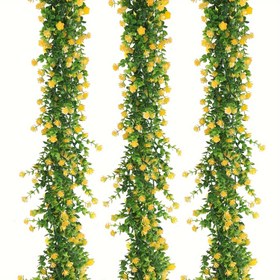 Resim 3'lü paket Yapay Okaliptüs Sarmaşıklar Sarı Çiçeklerle - Sahte Okaliptüs Çelenk Yaprak Asılı Bitkiler Düğün, Nişan Dekorasyonu İçin, Plastik Çiçek Yeşilliği İç ve Dış Mekan Duvar Kemeri Dekorasyonu İçin 
