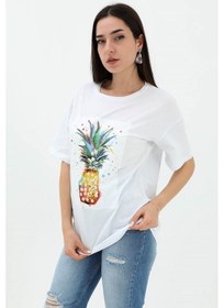 Resim Bisiklet Yaka Ananas Baskılı Süprem T-shirt - Beyaz-beyaz Beyaz 
