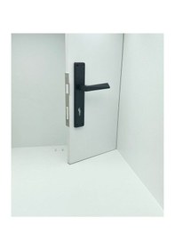 Resim Piramit Siyah Lüx Kare Aynalı Yale Çelik Kapı Kolu 1 Takım 