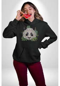 Resim Panda Mandala Kadın Erkek Siyah Kapüşonlu Sweatshirt Hoodie Siyah 