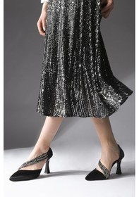 Resim Feles 140 Üç Şerit Taşlı Abiye Kadın Topuklu Ayakkabı Stiletto Siyah-Saten 