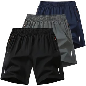 Resim 3'lü Erkek Atletik Şort Seti, Fermuarlı Cepli ve İpli, Nefes Alabilir Hızlı Kuruyan Polyester, Koşu & Antrenman için Düz Renk Spor Stili, Orta Bel Normal Kesim 