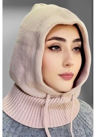Resim Uniquetrenders Balaclava Fitilli Triko Tesettür Örgü Bere Başlık Pudra 