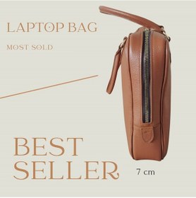 Resim Hakiki Deri 14 İnç Laptop Çantası - El Dikimi Özel Tasarım Bilgisayar Çantası - Taba Taba Deri 