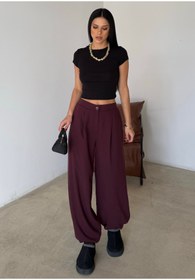 Resim BEJNA Kadın Bordo Pileli Oversize Dokuma Şalvar Pantolon 