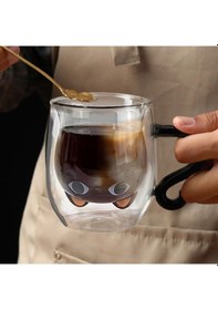 Resim Kedi Figürlü Çift Cidarlı Cam Bardak 330 Ml Borosilikat Isı Yalıtımlı Sevimli Tasarım Cam 