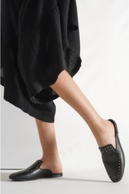 Resim PASSAGE SHOES 6138 Siyah Zımba Detaylı Hakiki Deri Kadın Terlik 