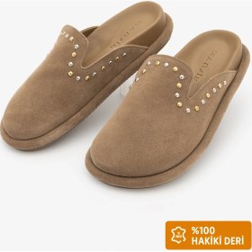 Resim Marjin Kadın Hakiki Deri Zımbalı Troklu Sabo Günlük Terlik Sufite Camel Süet 