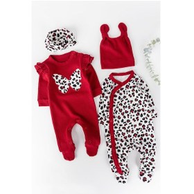 Resim Babymod Kelebek İşlemeli Leopar Desenli 2'Li Uzun Kollu Pamuklu Kız Bebek Tulum Takım 001 
