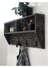 Resim O&Awood Doğal Ahşap Vestiyer, Dekoratif 4 Askılı Portmanto, Raflı 2 Bölme (531872394) 