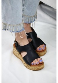 Resim Asmi Shoes Kadın Elena Mantar Taban Ortopedik Sandelet Siyah Siyah 