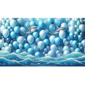 Resim Venspor Mavi ve Beyaz Balonlarla Süslenmiş Köpekbalığı Temalı Arkaplan 200 x 150 cm Fon Duvar Örtüsü 