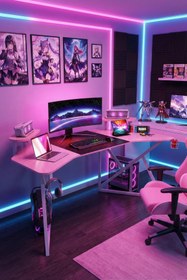 Resim Karr Gaming Vortex 25mm Kanatlı Oyuncu Masası | Pembe Karbon Fiber Kaplama | Raflı Oyuncu Masası 