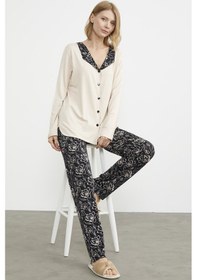 Resim Sementa Açık Yaka Düğmeli Pijama Takım - Bej 001 