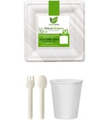 Resim Ekolojik Kare 20 Cm. 24 Kişilik Parti Piknik Sofra Sunum Seti - Tabak Bardak Çatal Kaşık Takımı 