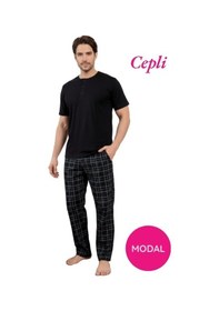 Resim Guava Erkek Modal 3 Düğmeli Ekose Desen Pamuk Likra Kısa Kol Cepli Pijama Takımı Siyah 