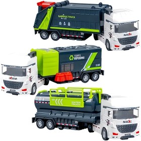 Resim İnertsiyeli büyük şehir temizlik kamyonu oyuncak araba, manuel itme, ABS plastik, simüle edilmiş çöp kamyonu oyuncağı modeli, süpürge makinesi, sulama arabası, 3-6 yaş çocukların doğum günü partisi için uygun hediye 
