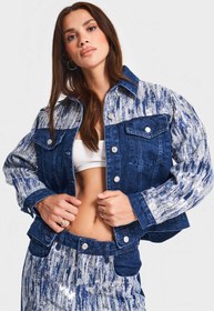 Resim Kadın Mavi Renk 1w5-4 Oversize Pullu Özel Kumaş %100 Koton Tasarım Denim Ceket - Mavi / 40 