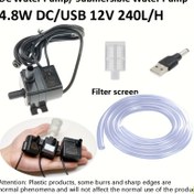 Resim USB Güçlü Dalgıç Su Pompası Kiti, 152.4cm Hortum, 4.8W DC 12V 240L/S - Akvaryumlar & Çeşmeler için İdeal, USB'den DC Adaptörü & Filtre Ekranı Dahil 