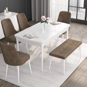 Resim Canisa Concept Noa Serisi, 80X132 Açılabilir Benchli Mdf Beyaz Mutfak Masa Takımı, 4 Sandalye 1 Bench 