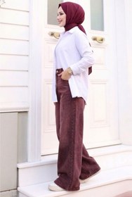 Resim Tesettür Diyarı Kadın Retro Baggy Kot Pantolon- Bordo 