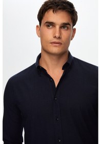 Resim Ds Damat Slim Fit Lacivert Düğmeli Yaka %100 Pamuk Yazlık Flamlı Keten Görünümlü Gömlek 6HC02ORT63265 Lacivert 