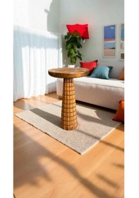 Resim Doğal Masif Ahşap Tik Ağacı Renk Tekli Yan Sehpa Mantar Sehpa Kahverengi 