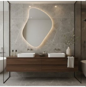 Resim 50x64 Cm Asimetrik Led Banyo Aynası Dokunmatik, Dim Edilebilir, 3000k Günışığı Modern Duvar Aynası Sarı 