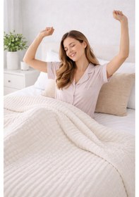 Resim 180x220 Cm Çift Kişilik Polyester Battaniye Yumuşak Dokulu, Kışlık Krem 
