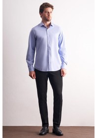 Resim İmza Mavi Yarım İtalyan Yaka Uzun Kol Premium Slim Fit %100 Pamuk Gömlek 1004255194 Mavi 