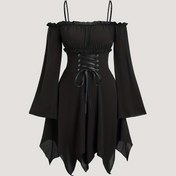 Resim Avrupa ve Amerikan Hızlı Moda Kadın Gotik Omuz Çıkartma Asimetrik Etek Elbise Dantel Kurdele Fiyonk ile, Vintage Tatlılık 
