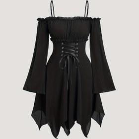 Resim Avrupa ve Amerikan Hızlı Moda Kadın Gotik Omuz Çıkartma Asimetrik Etek Elbise Dantel Kurdele Fiyonk ile, Vintage Tatlılık 