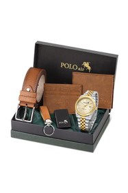 Resim Polo Air Takvimli Erkek Kol Saati Cüzdan Kemer Kartlık Anahtarlık Çakmak Seti Gümüş Gold Renk PL-7074E9 