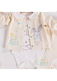Resim 3-9 Ay Kız Bebek Takımı Tavşan Çiçekli 3'lü Hırkalı Krem Krem 
