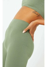 Resim Fitilli Seamless Çizgili Tayt Yüksek Bel Dayanıklı Örme Kumaş Spor Tayt Toparlayıcı Haki 