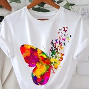 Resim Kadınlar için Günlük Kısa Kollu Yuvarlak Yaka Tişört - Canlı Kelebek Baskılı, Beyaz Çok Renkli Tasarım, Nefes Alabilen Kumaş, Makinede Yıkanabilir, Her Mevsim Rahat Kesim Üst, Bayan T-shirtleri, Yumuşak Dokulu Gömlek 