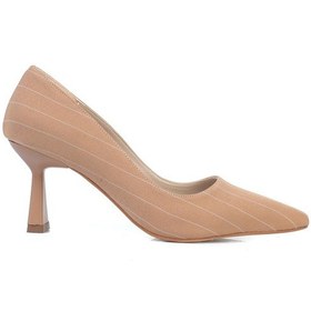 Resim Shoetek Luana Kadın Stiletto Çizgili Kumaş Topuklu Ayakkabı Bej Saten Bej 