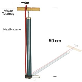 Resim ECOLE Pratik Pompa-Ecole Ahşap Saplı Metal Gövde(50 cm) Şişirme Pompası (Uzun Boy Demir Gövde) 