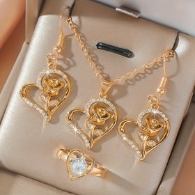 Resim 4 Parça Moda Kadın Kalp Kolye, Küpe ve Yüzük Seti - Sentetik Taşlı, Düğün Yıldönümü İçin Mükemmel, Tüm Mevsimlerde Kullanım 