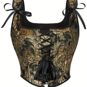 Resim 1pc Barok Desenli Kadın Korse Üst - Yüksek Destekli Dokuma Polyester Overbust ile Çapraz Askılar, Punk Tarzı Altın Metalik, Yetişkin Uygun 