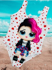 Resim Lolliboomkids Kız Çocuk Punk Lol Rocker Boi Mor Saçlı Karakter Desen Beyaz Üzeri Kalp Desen Mayo Beyaz - Pembe 
