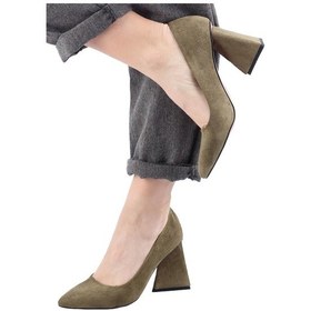 Resim Modabuymus Yeşil Süet Stiletto Üçgen Kalın Topuklu Ayakkabı 