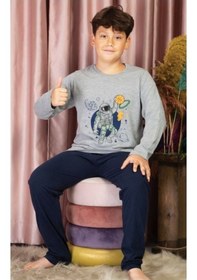 Resim Erkek Çocuk Figürlü Uzun Kollu Pijama Takımı Gri - Lacivert 