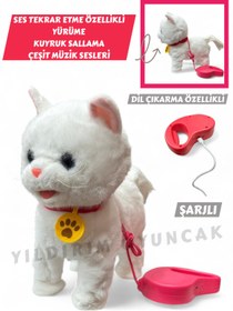 Resim YILDIRIM OYUNCAK Şarjlı Pilli Sesli Tasmalı Kumandalı Dil Çıkaran Ses Tekrar Etme Kuyruk Sallayan Kedi 25 cm 
