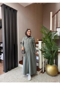 Resim Esra Butik78 Haki Renk Büyük Beden Uyumlu Yazlık Paraşüt Kumaş Tesettür Elbise 