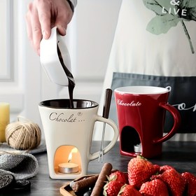 Resim Çatal ile Seramik Dondurma Peynir Fondü Çikolata Eritme Kapları Paketi (2'li), Mum ve Isı Kahve Fincanı Tutabilir, Yenilikçi Kupa Çikolata Kupası 150ml/5oz, Sevgililer Günü Hediyesi için Uygun 