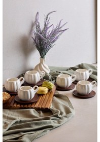 Resim Dark Lotus 6'lı Akasya Tabaklı Modern Porselen Kahve Fincanı Seti Beyaz Beyaz 