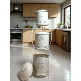 Resim Özbience 3 Katlı Metal Sebze Kovası, Patates ve Soğanlık Sepeti, Krem Renk 