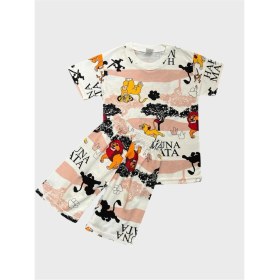 Resim Erkek Çocuk Pamuklu Beyaz Aslan Desenli Kısa Kollu Şortlu Yazlık Pijama Takımı 